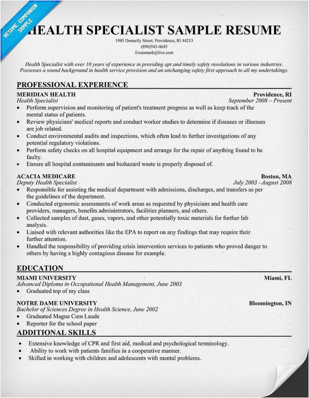 Safety and Occupational Health Specialist Sample Resume Safety and Occupational Health Specialist Cover Letter