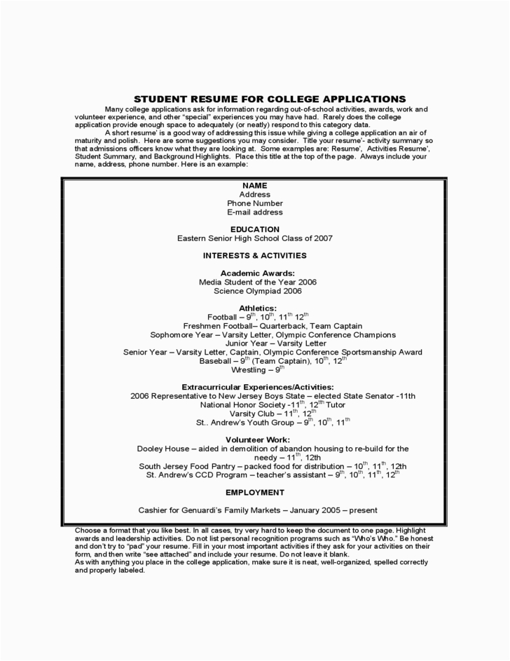 Sample Academic Resume for College Application Student Sample Resume for College Application Free Download