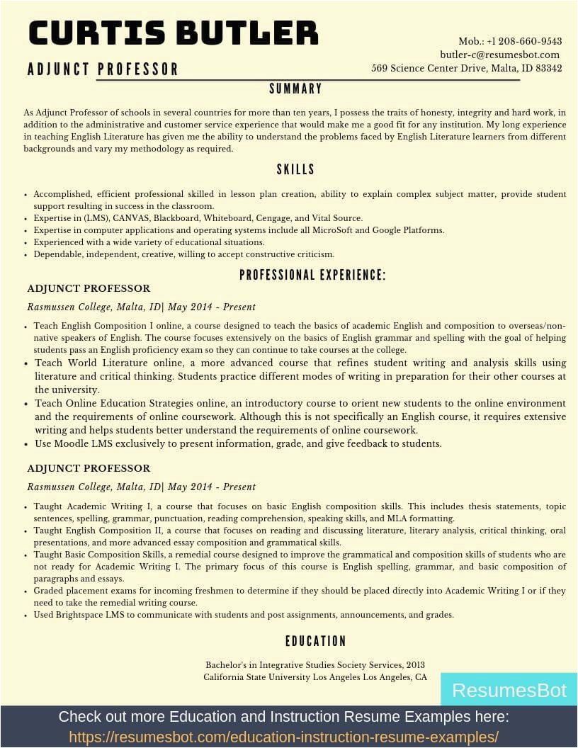 Sample Adjunct Professor Resume No Teaching Experience Adjunct Professor Resume Samples & Templates [pdf Doc