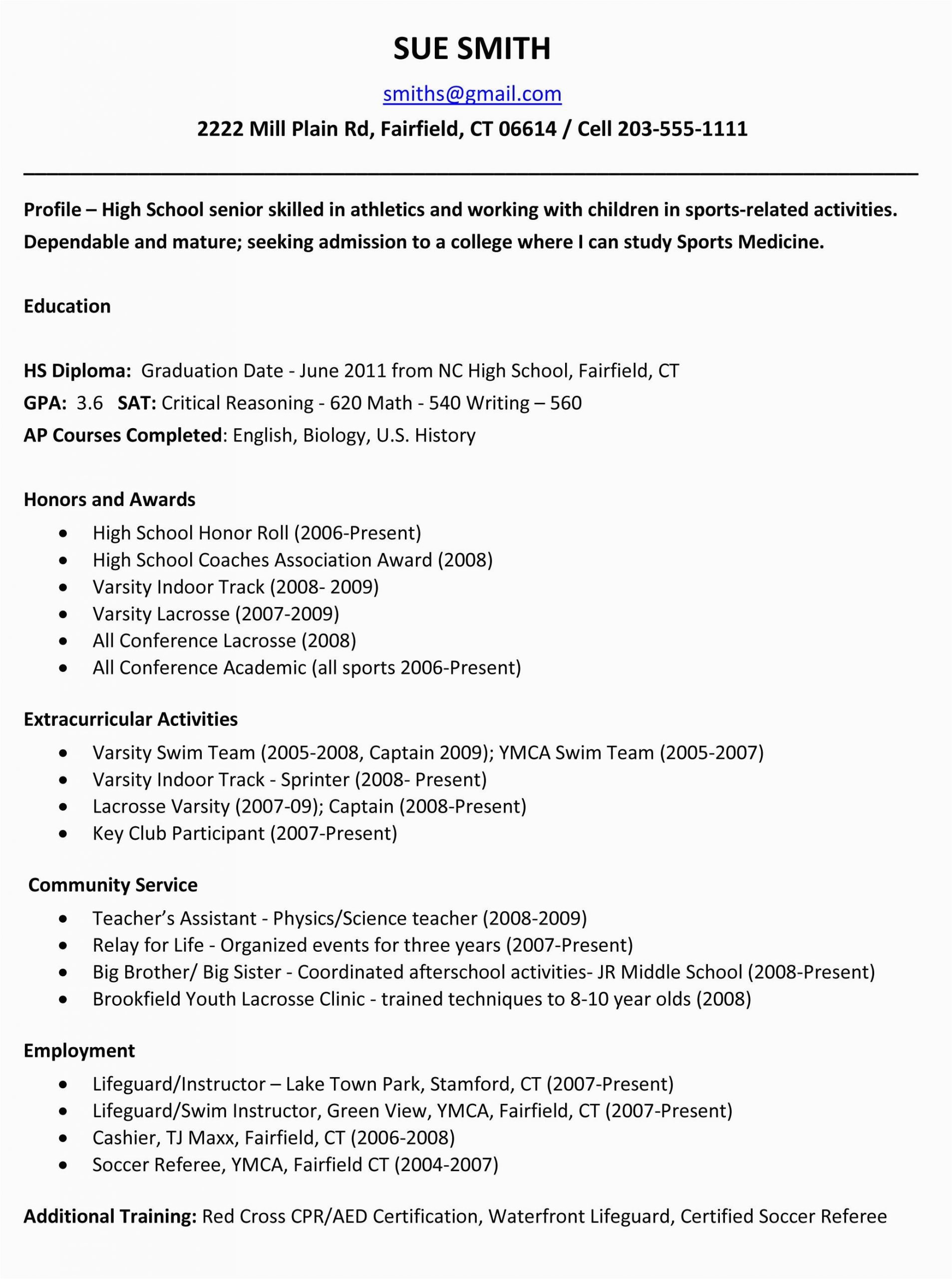 Sample High School Resume for College Application Sample Resumes