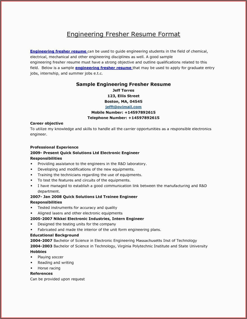 Sample Mechanical Engineering Resume for Freshers Resume Fresher Mechanical Engineers Resume Resume