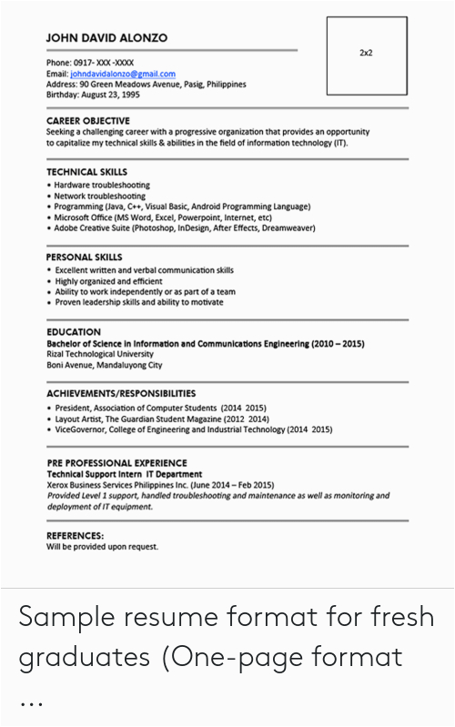 Sample Of Resume with 2×2 Picture Engineer Resume Sample Philippines Fresh Graduate Best
