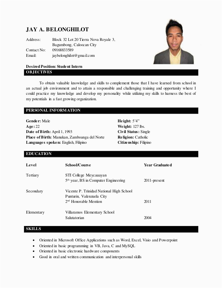 Sample Of Resume with 2×2 Picture Jay Belonghilot Resume with 2×2