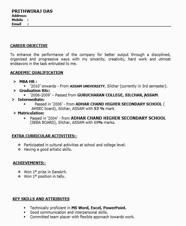 Sample Resume Career Objective for Freshers A Professional Resume for Fresher Best Resume Examples