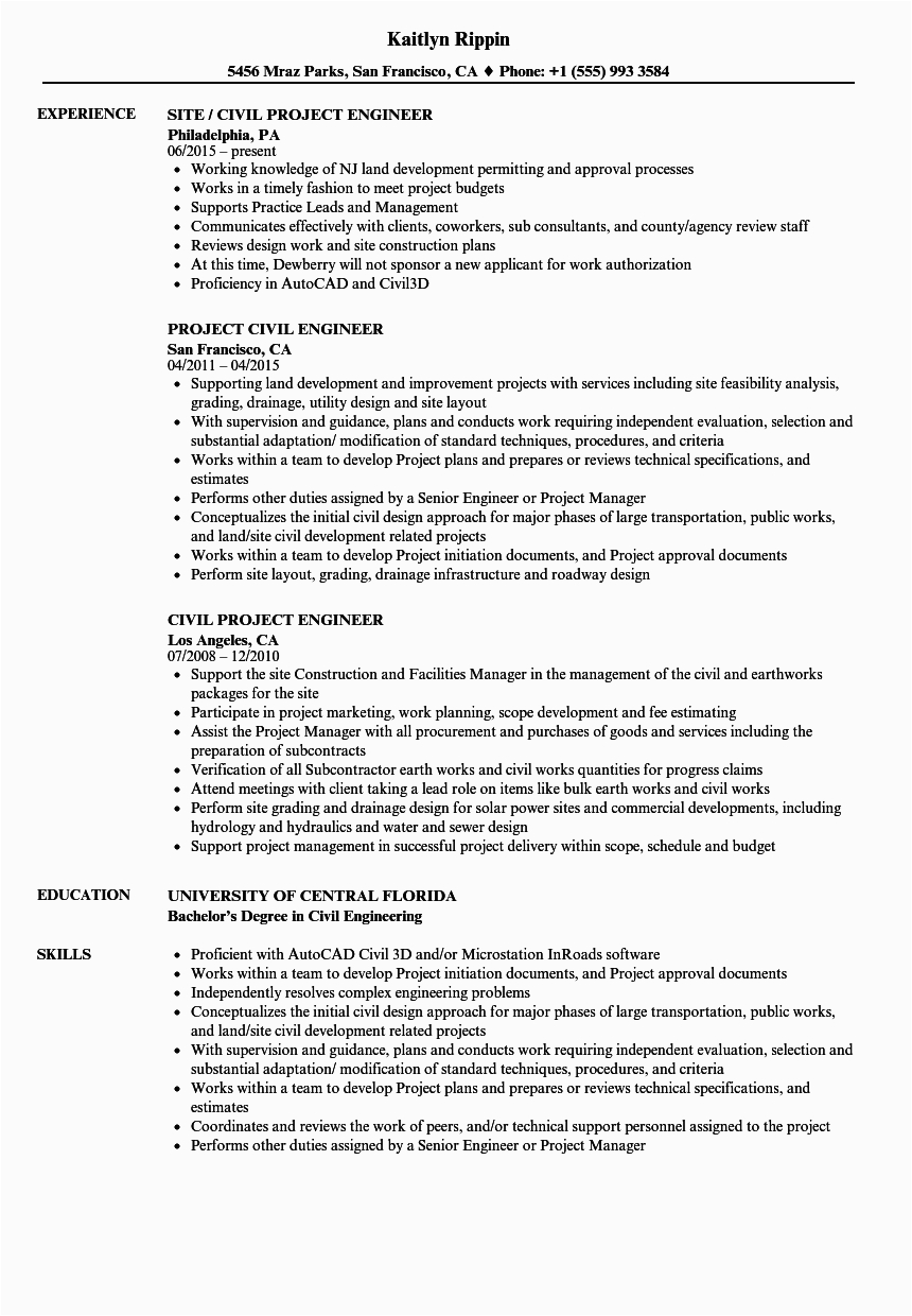 Sample Resume Civil Engineer Project Manager Sample Resume Civil Project Engineer Construction
