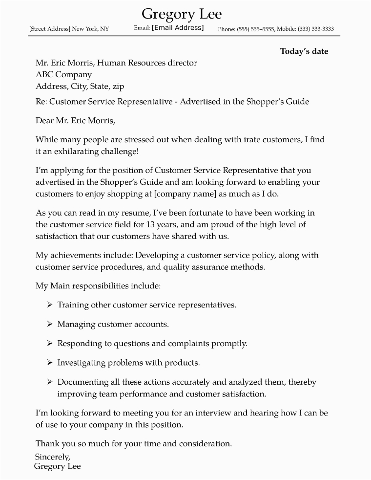 Sample Resume Cover Letter for Customer Service Representative Customer Service Cover Letter Sample