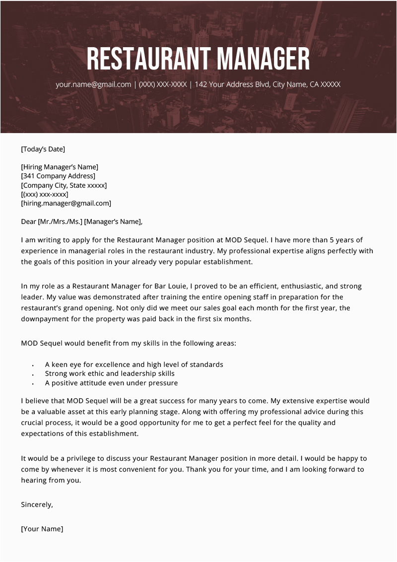 Sample Resume Cover Letter for Management Position Restaurant Manager Cover Letter Example