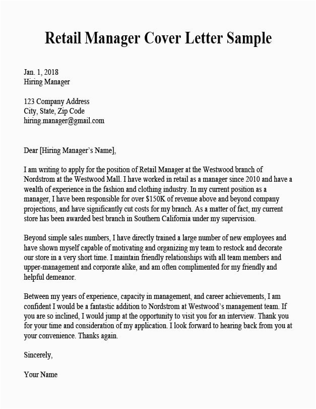 Sample Resume Cover Letter for Management Position Retail Manager Cover Letter Sample