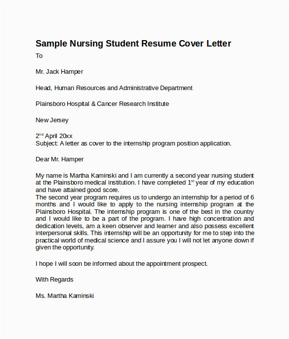 Sample Resume Cover Letter for Nursing Student 8 Nursing Cover Letter Templates to Download
