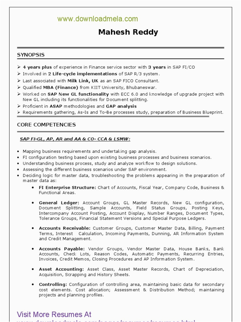 Sample Resume for 4 Years Experience Downloadmela Sap Fico 4 Years Experience Resume