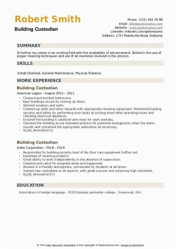 Sample Resume for A Custodian Position Building Custodian Resume Samples