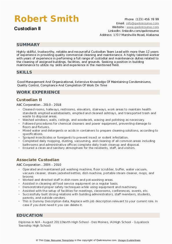 Sample Resume for A Custodian Position Custodian Resume Samples