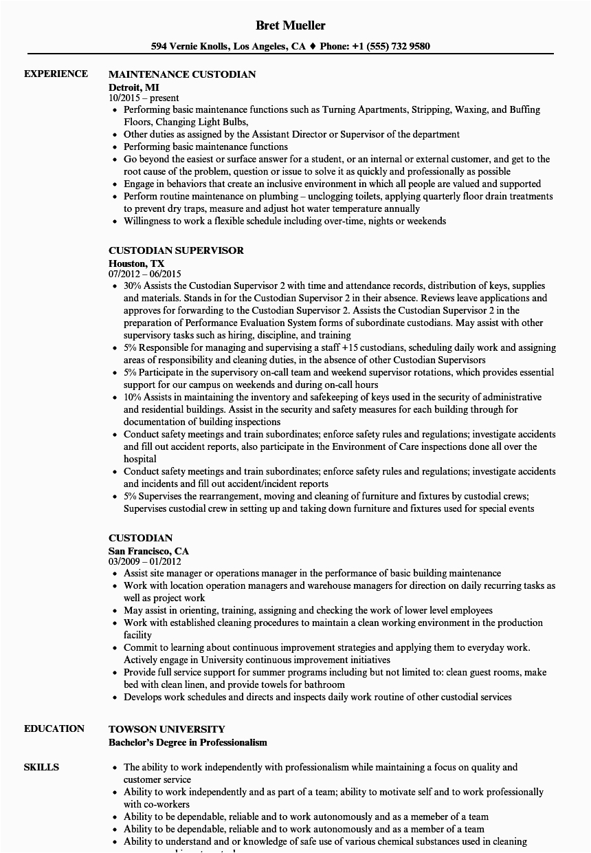 Sample Resume for A Custodian Position Custodian Resume Samples