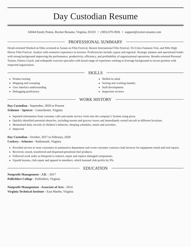 Sample Resume for A Custodian Position Day Custodian Resumes