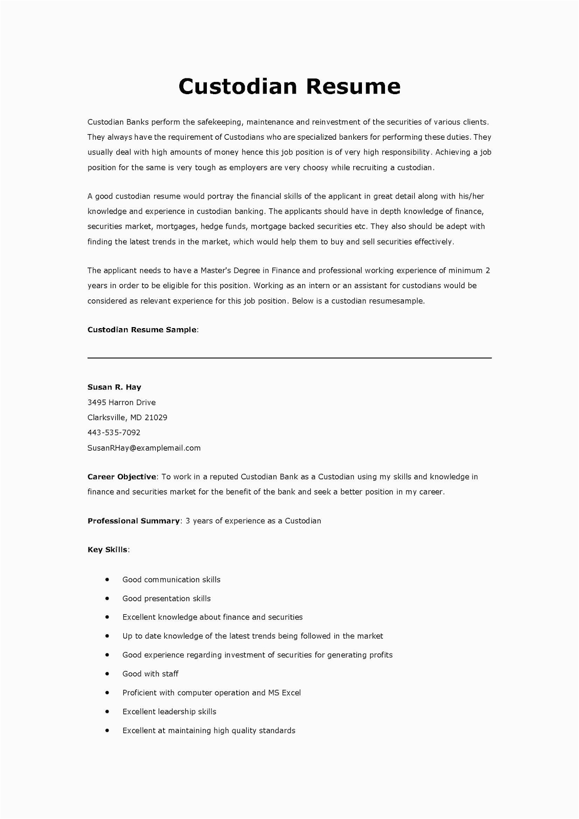 Sample Resume for A Custodian Position Resume Samples Custodian Resume
