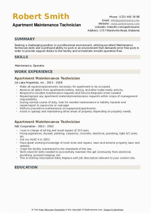 Sample Resume for Apartment Maintenance Technician Apartment Maintenance Technician Resume Samples