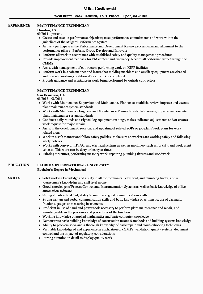 Sample Resume for Apartment Maintenance Technician Facility Maintenance Technician Resume February 2021