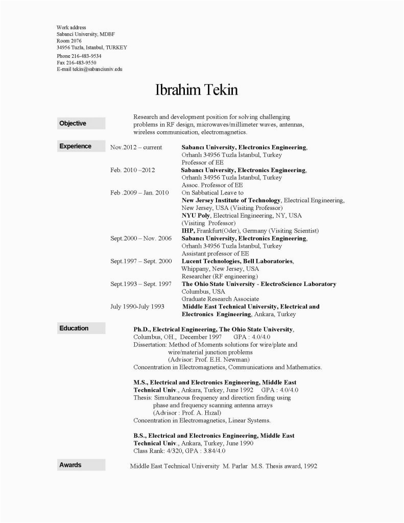 Sample Resume for assistant Professor In Electrical Engineering Electronics Engineer Resume Pdf format