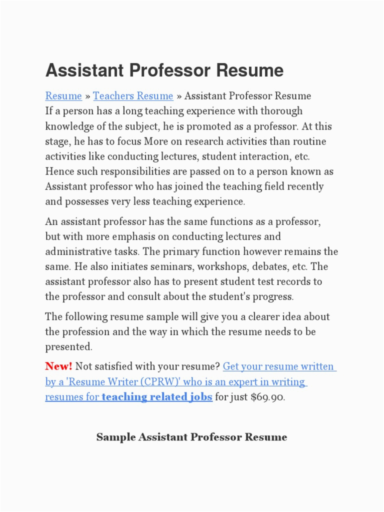 Sample Resume for assistant Professor In English Sample Education assistant Professor Resume