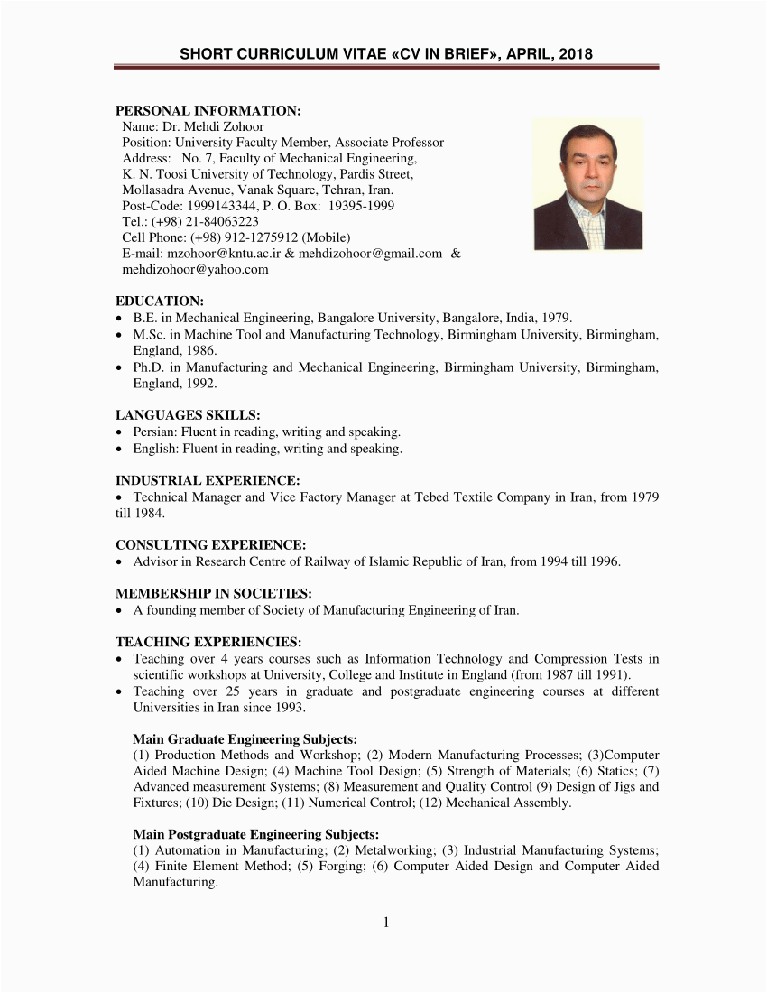 Sample Resume for assistant Professor In Mechanical Engineering Pdf Dr Mz Eng Short Resume