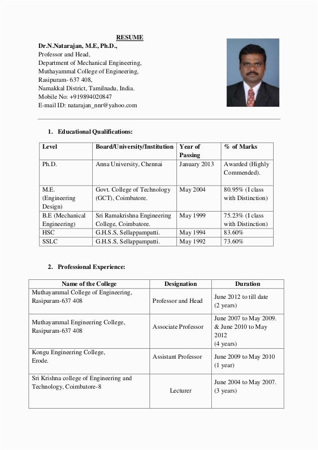Sample Resume for assistant Professor In Mechanical Engineering Resume Dr N Natarajan 14 03 2014