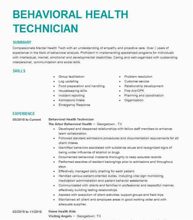 Sample Resume for Behavioral Health Technician Behavioral Health Technician Resume Example Building