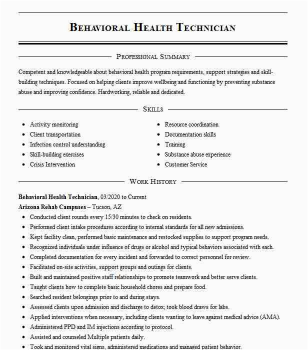 Sample Resume for Behavioral Health Technician Behavioral Health Technician Resume Example Landstuhl