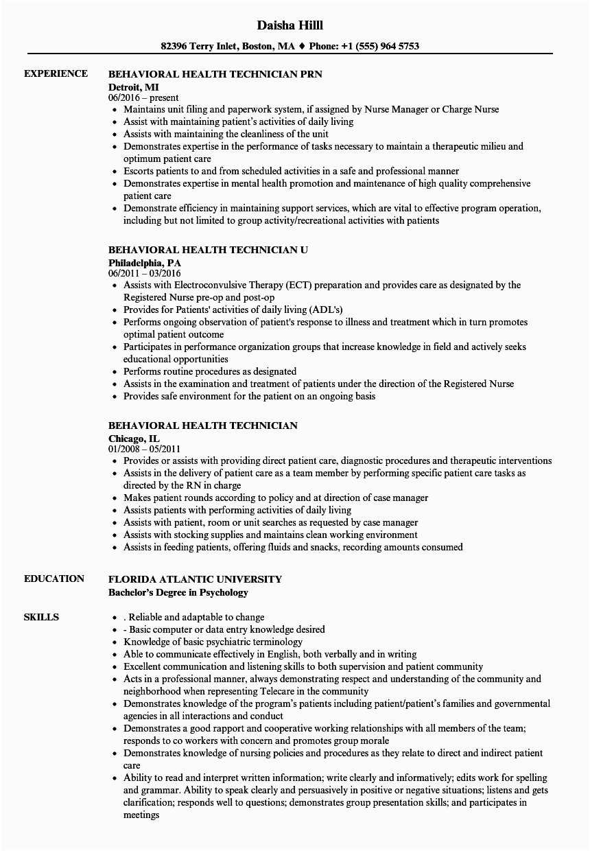 Sample Resume for Behavioral Health Technician Behavioral Health Technician Resume Resume Template Database