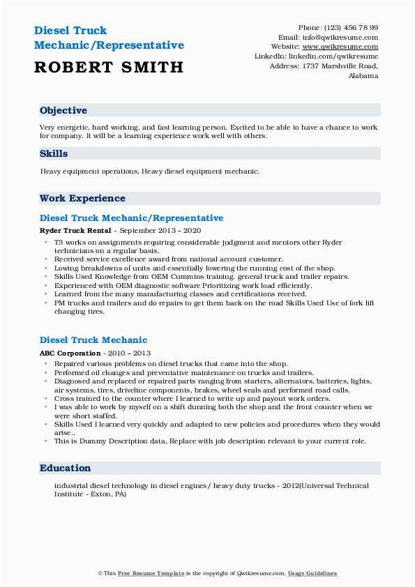 Sample Resume for Diesel Truck Mechanic Diesel Truck Mechanic Resume Samples