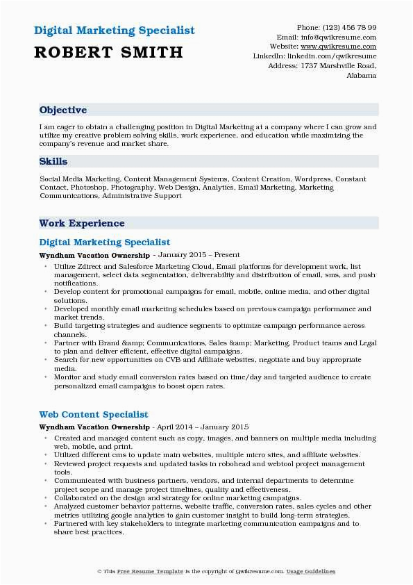 Sample Resume for Digital Marketing Specialist Digital Marketing Specialist Resume Samples