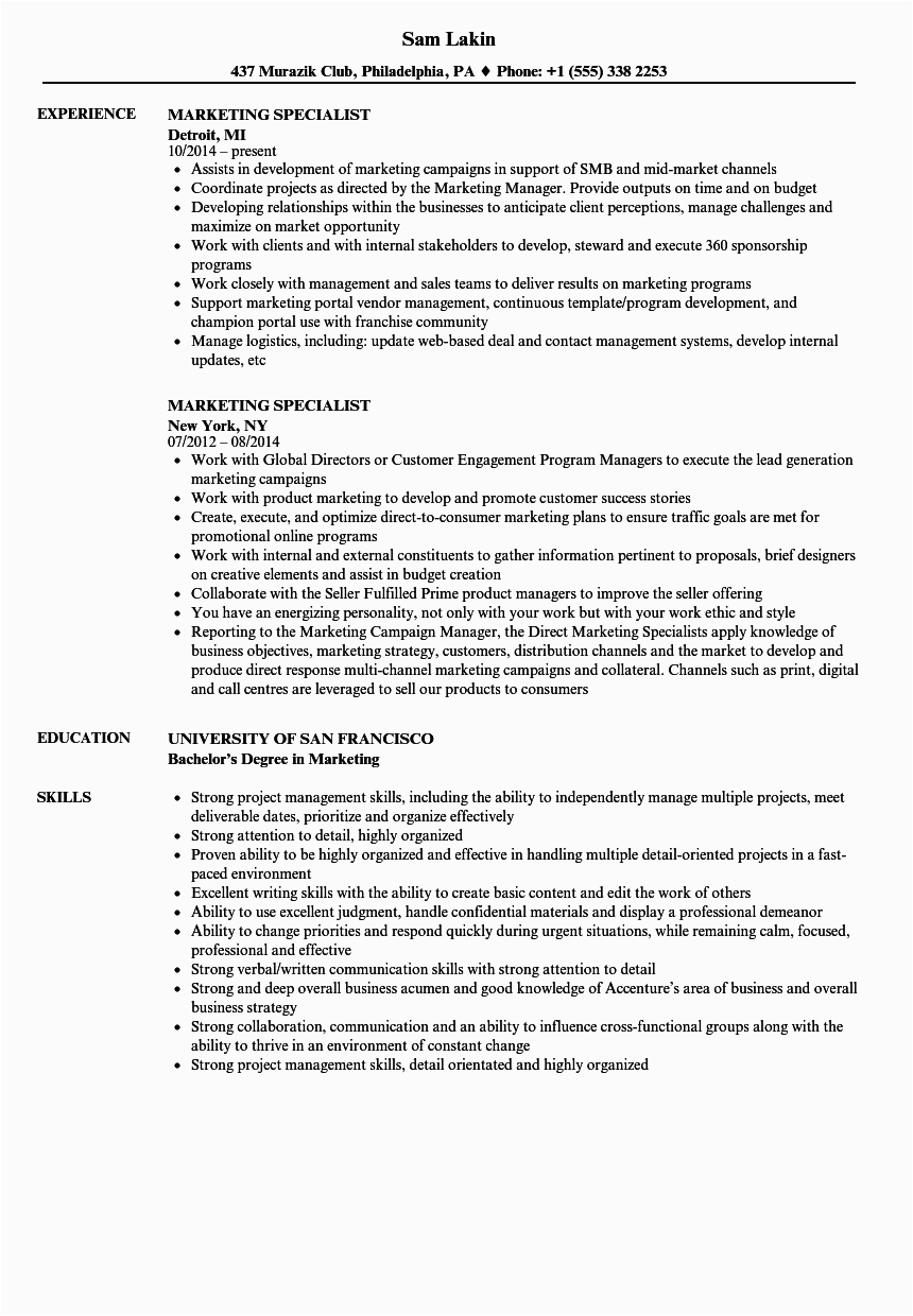 Sample Resume for Digital Marketing Specialist Sample Resume Marketing Specialist Digital Marketing