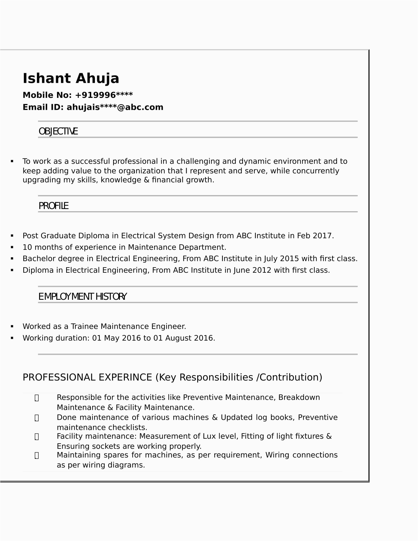 Sample Resume for Diploma Electrical Engineer Diploma Electrical Resume format Pdf Download Best