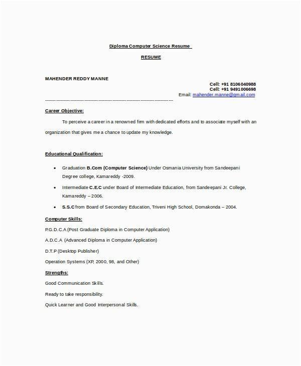 Sample Resume for Diploma In Computer Science Puter Science Resume Example 9 Free Word Pdf