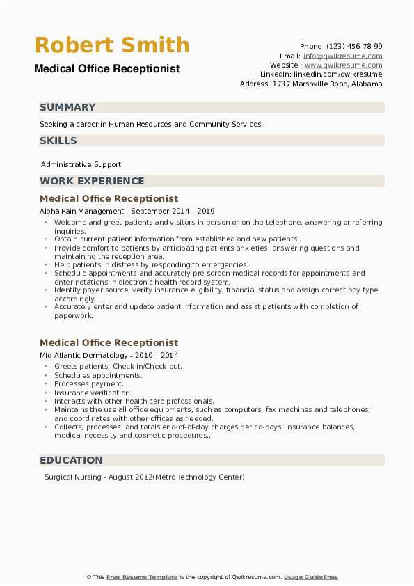 Sample Resume for Doctors Office Receptionist Medical Fice Receptionist Resume Samples
