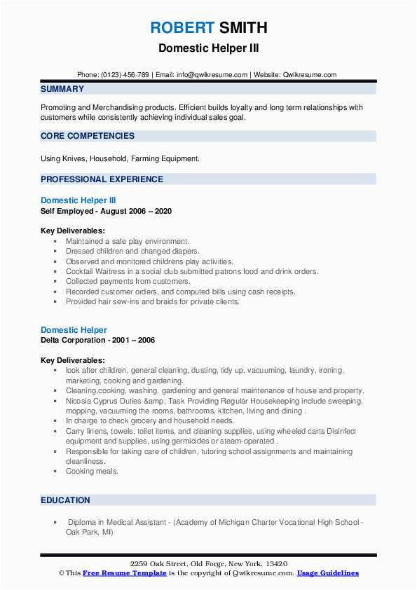 Sample Resume for Domestic Helper without Experience Domestic Helper Resume Samples