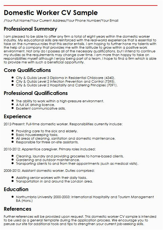 Sample Resume for Domestic Helper without Experience Domestic Worker Resume Sample