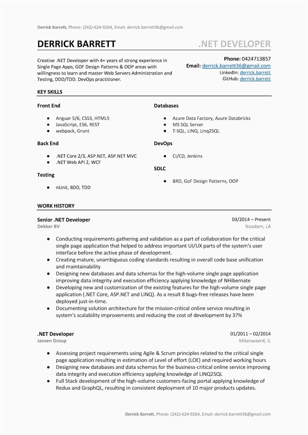 Sample Resume for Dot Net Developer Experience 3 Years Net Developer Resume Sample & Template Word Pdf
