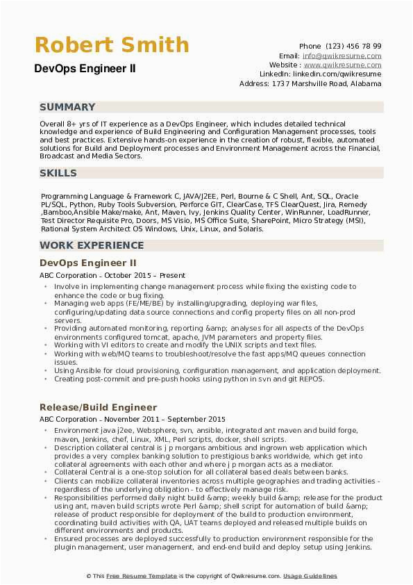 Sample Resume for Experienced Devops Engineer Pdf Devops Engineer Resume Samples