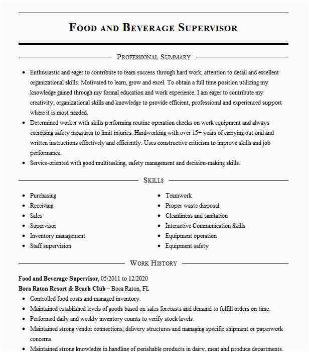 Sample Resume for Food and Beverage Supervisor Food and Beverage Supervisor Resume Example Marriott