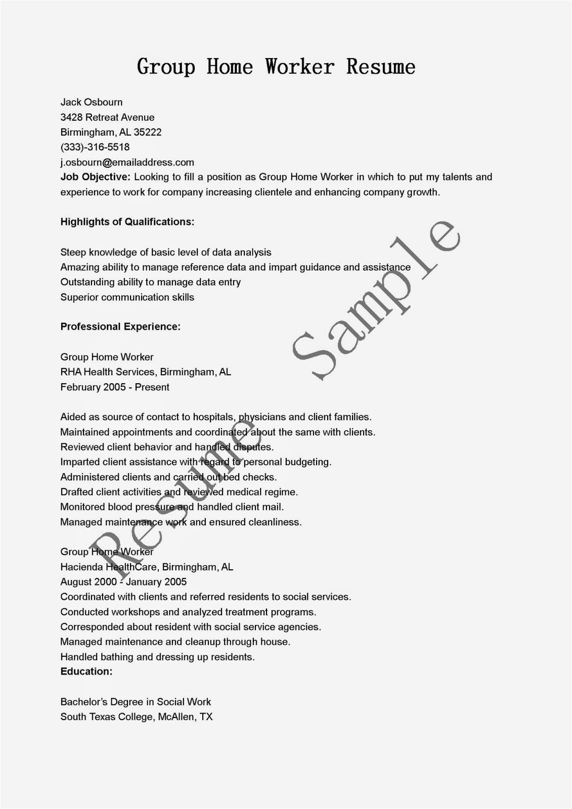 Sample Resume for Group Home Worker Resume Samples Group Home Worker Resume Sample