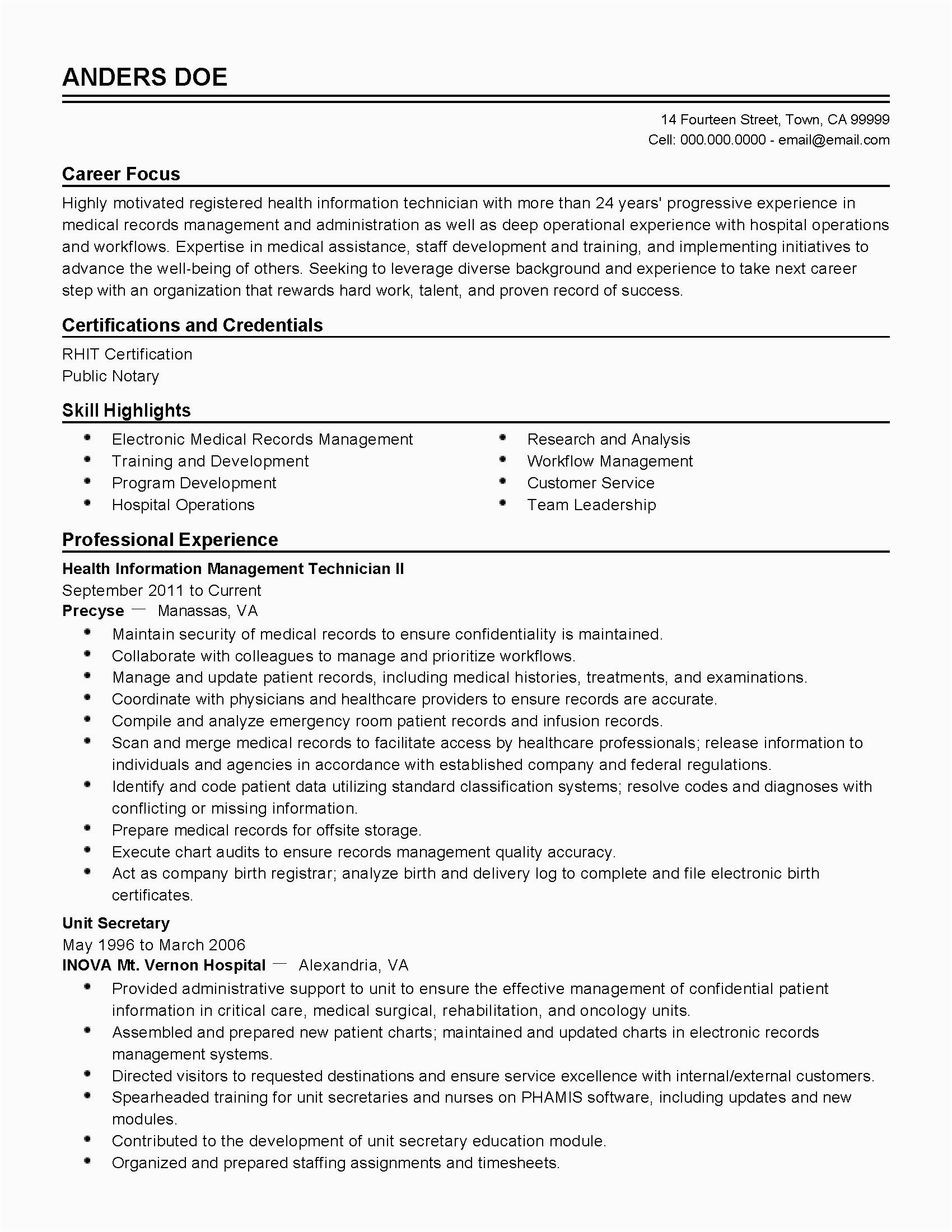 Sample Resume for Health Information Management 20 Health Information Management Resume