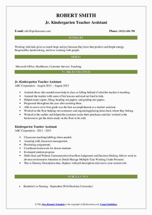 Sample Resume for Kindergarten Teacher assistant Kindergarten Teacher assistant Resume Samples