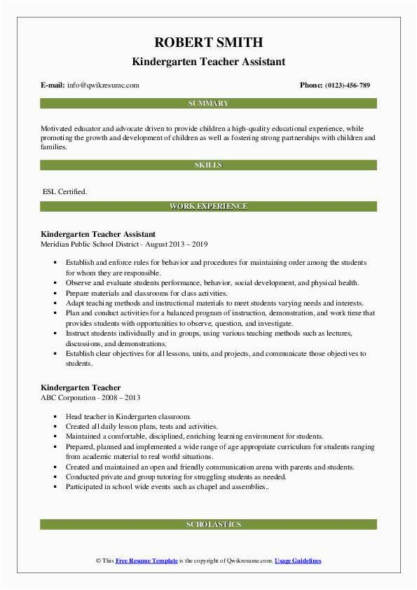 Sample Resume for Kindergarten Teacher assistant Kindergarten Teacher Resume Samples