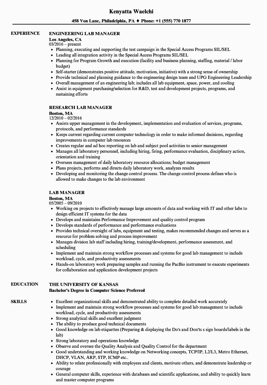 Sample Resume for Lab Manager Position Lab Manager Resume Samples