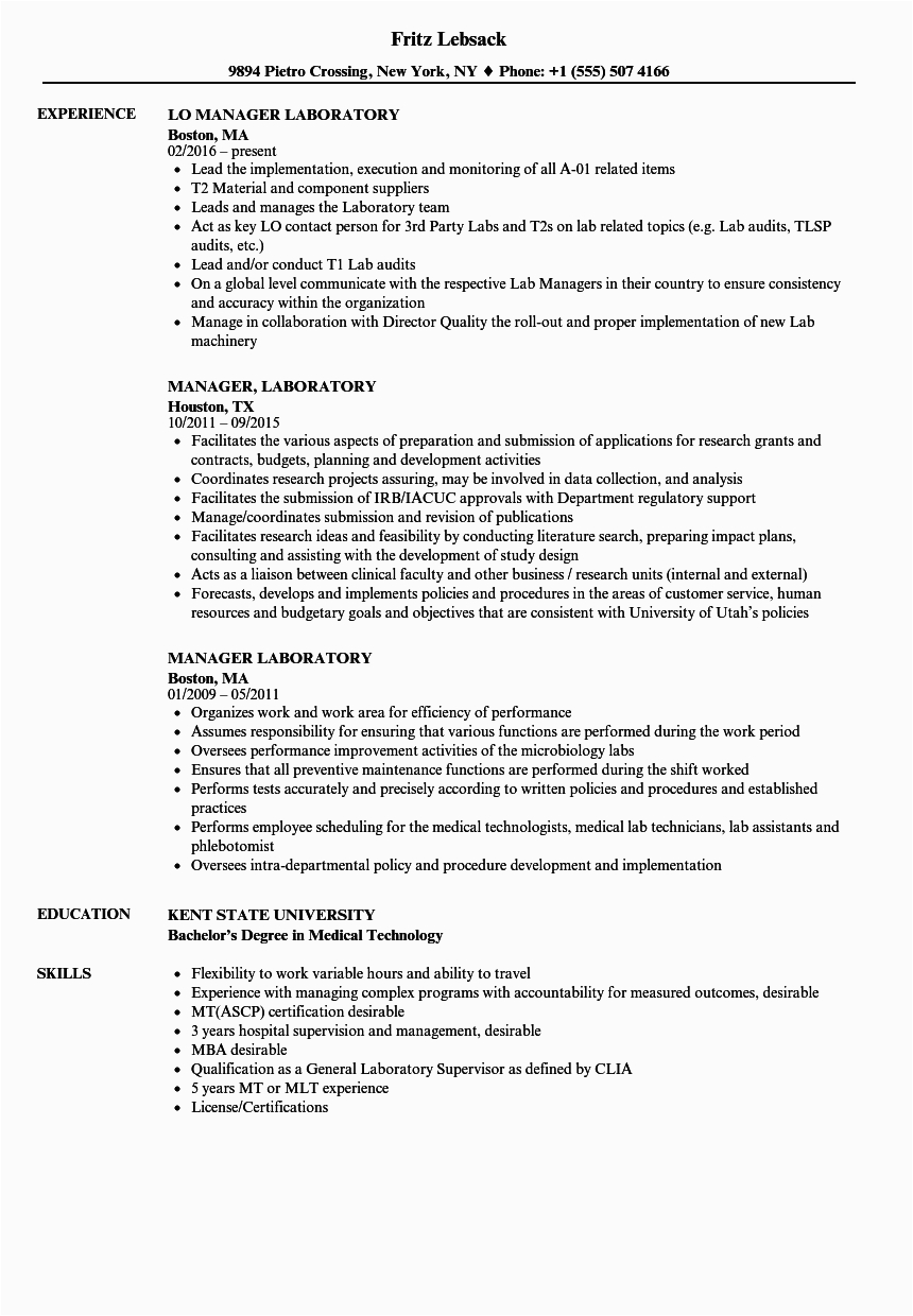 Sample Resume for Lab Manager Position Manager Laboratory Resume Samples
