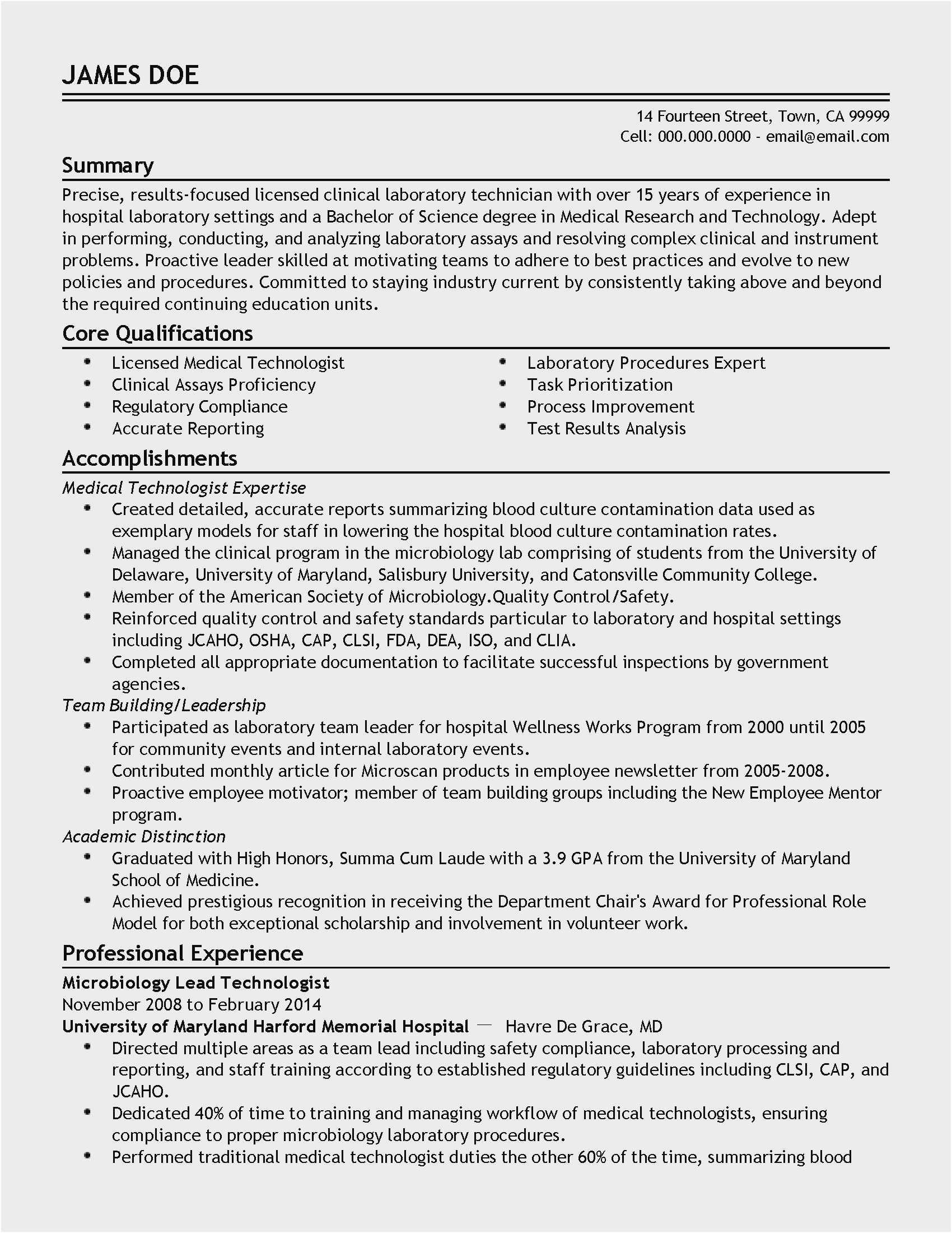 Sample Resume for Lab Technician Entry Level Free Collection 20 Medical Laboratory Technician Resume
