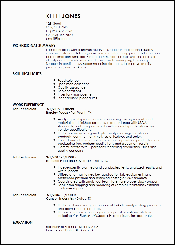 Sample Resume for Lab Technician Entry Level Free Entry Level Lab Technician Resume Templates