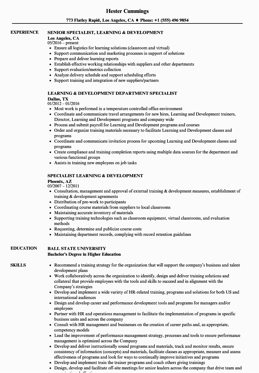 Sample Resume for Learning and Development Specialist Training and Development Resume Examples Best Resume Ideas