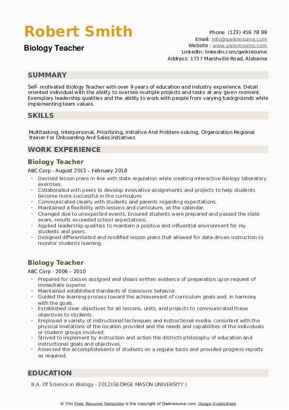 Sample Resume for Lecturer In Biology Biology Teacher Resume Samples