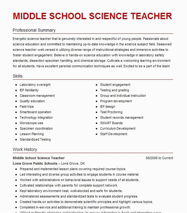 Sample Resume for Middle School Science Teacher Middle School Science Teacher Resume Example Springdale